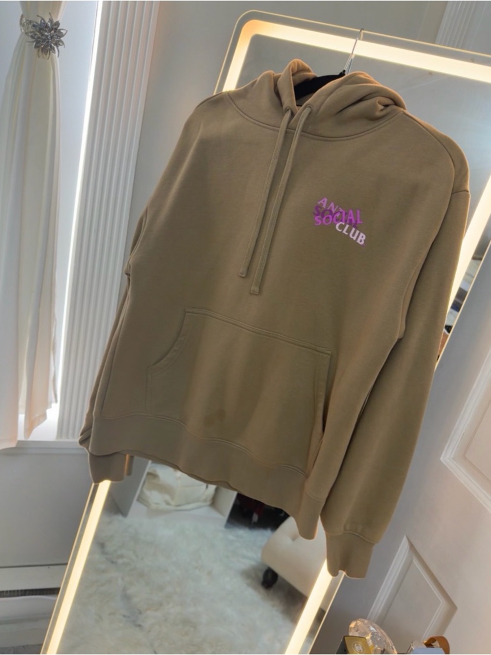 Anti Social Social Club Olive Hoodie with Pink Chest Logo UNISEX